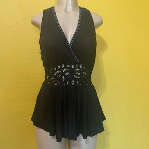 Free People Megan Peplum Embroidered Top Black